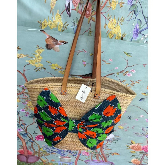 Vintage Giselle Open Top Natural Woven Straw Ribbon Beach Tote Market Bag 22x14 - Picture 8 of 9